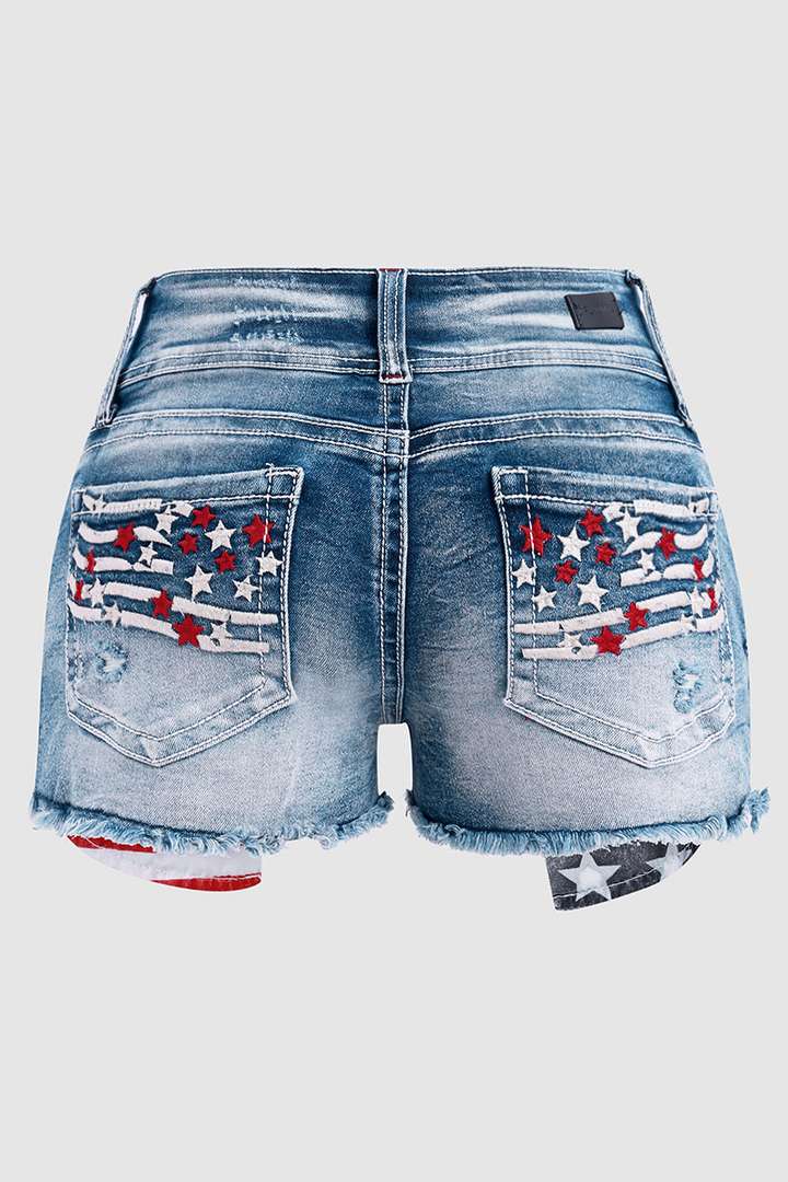 Flag Patched Button Fly Cut Out Denim Shorts