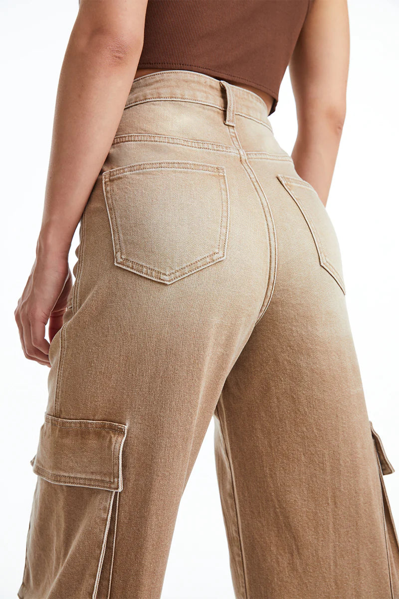 High Rise Cargo Straight Wide Leg Jeans