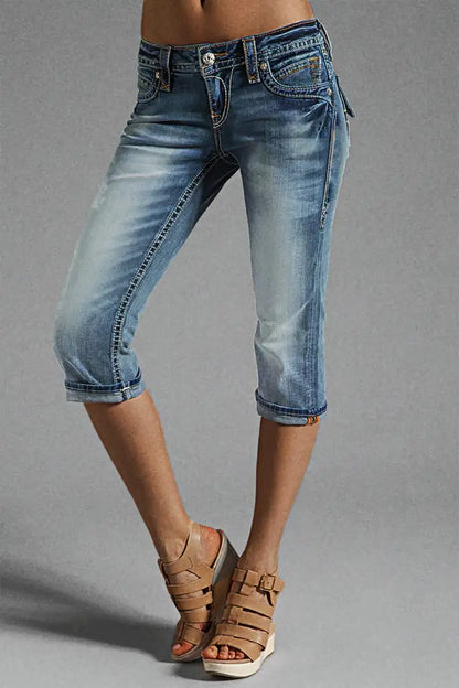 Washed Stitch Flap Pocket Roll Hem Low Rise Capri Jeans