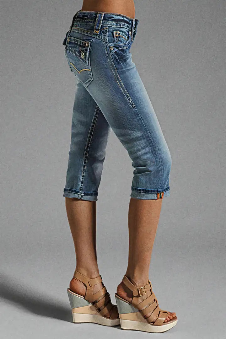 Washed Stitch Flap Pocket Roll Hem Low Rise Capri Jeans