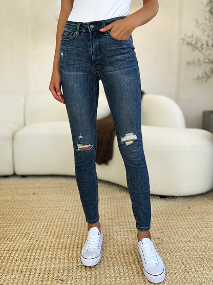 Full Size Mid Waist Distressed Slim Jeans