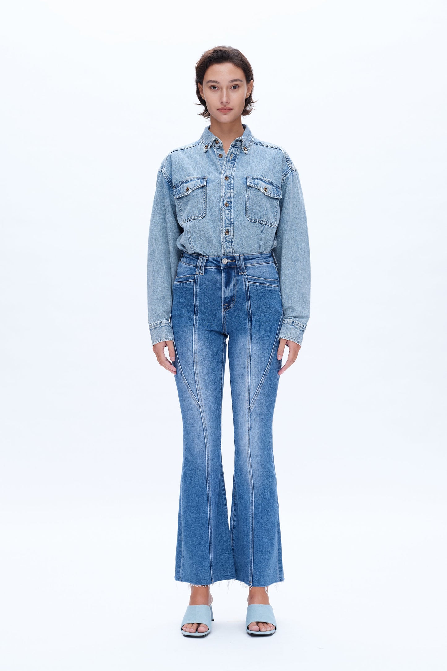 High Rise Flare Jeans with Raw Hem