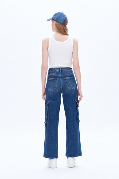 High Rise Cargo Overalls Straight Wide Leg Jeans