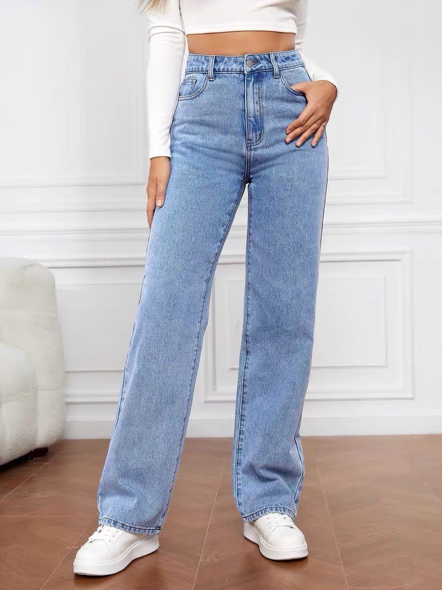 High Waisted Washed Wide Leg Straight Jeans