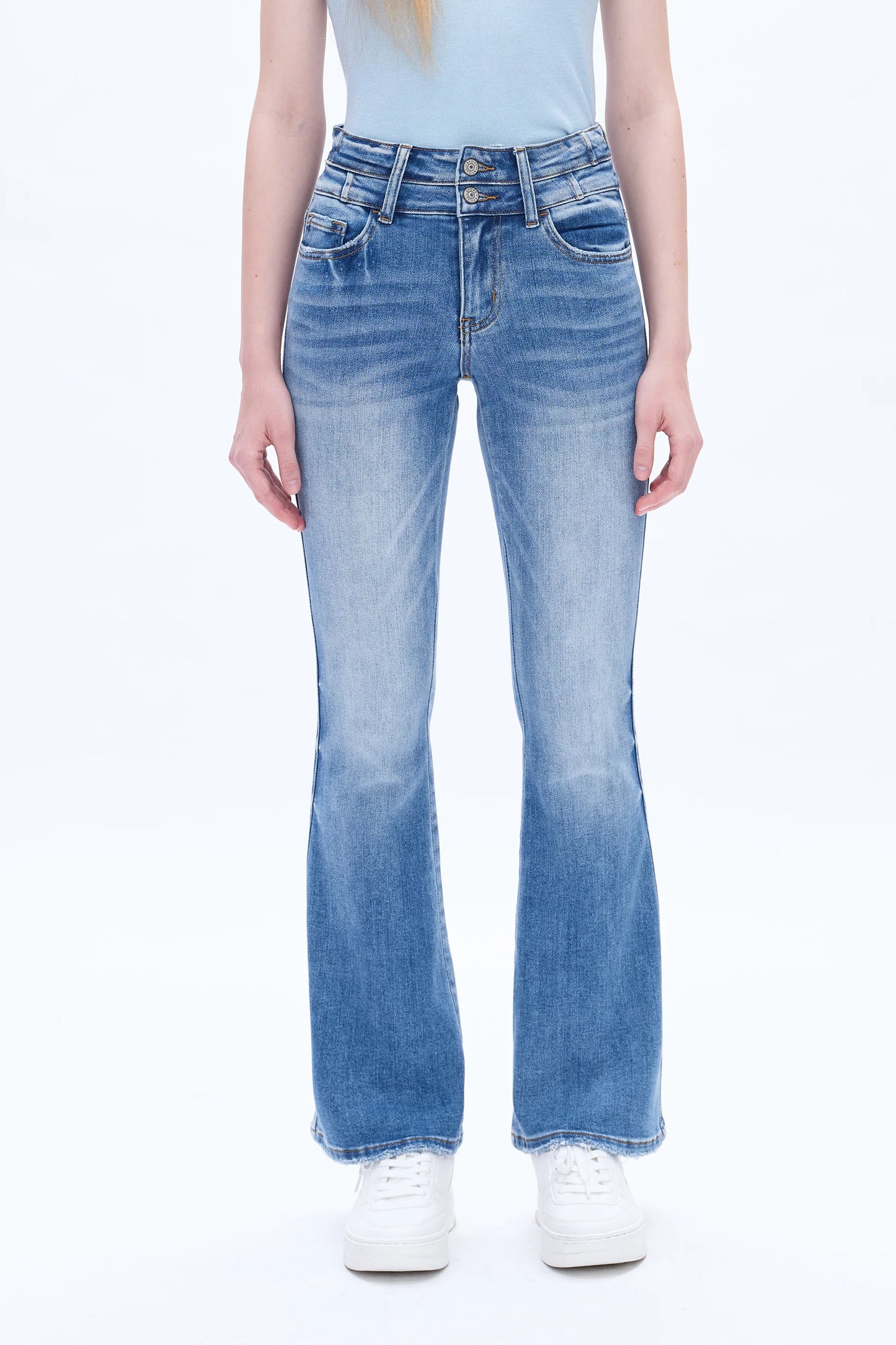 High Rise Flare Jeans With Clean Hem