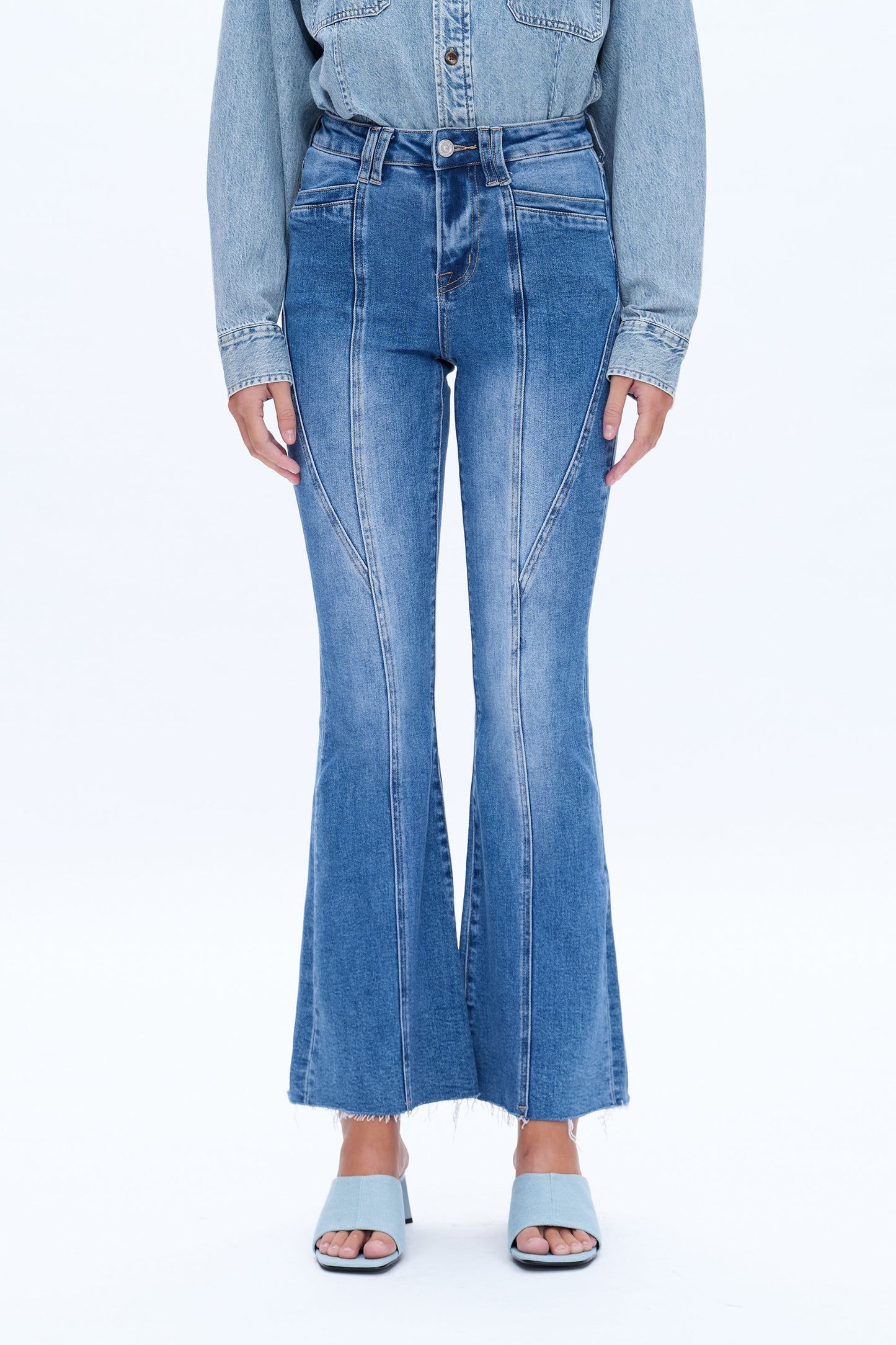 High Rise Flare Jeans with Raw Hem