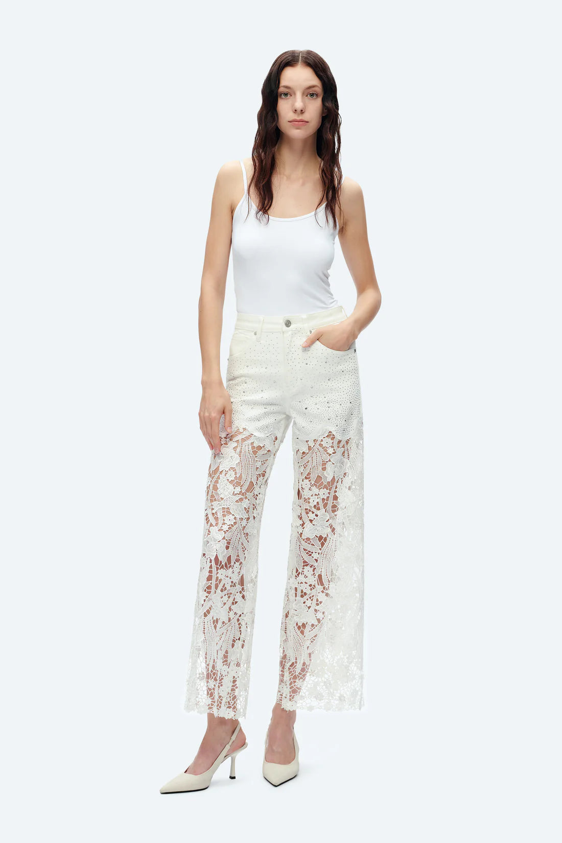 White Studded Heeled Lace Trousers