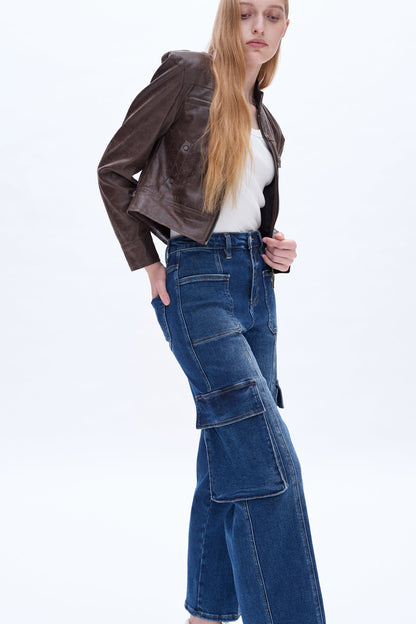 High Rise Cargo Overalls Straight Wide Leg Jeans