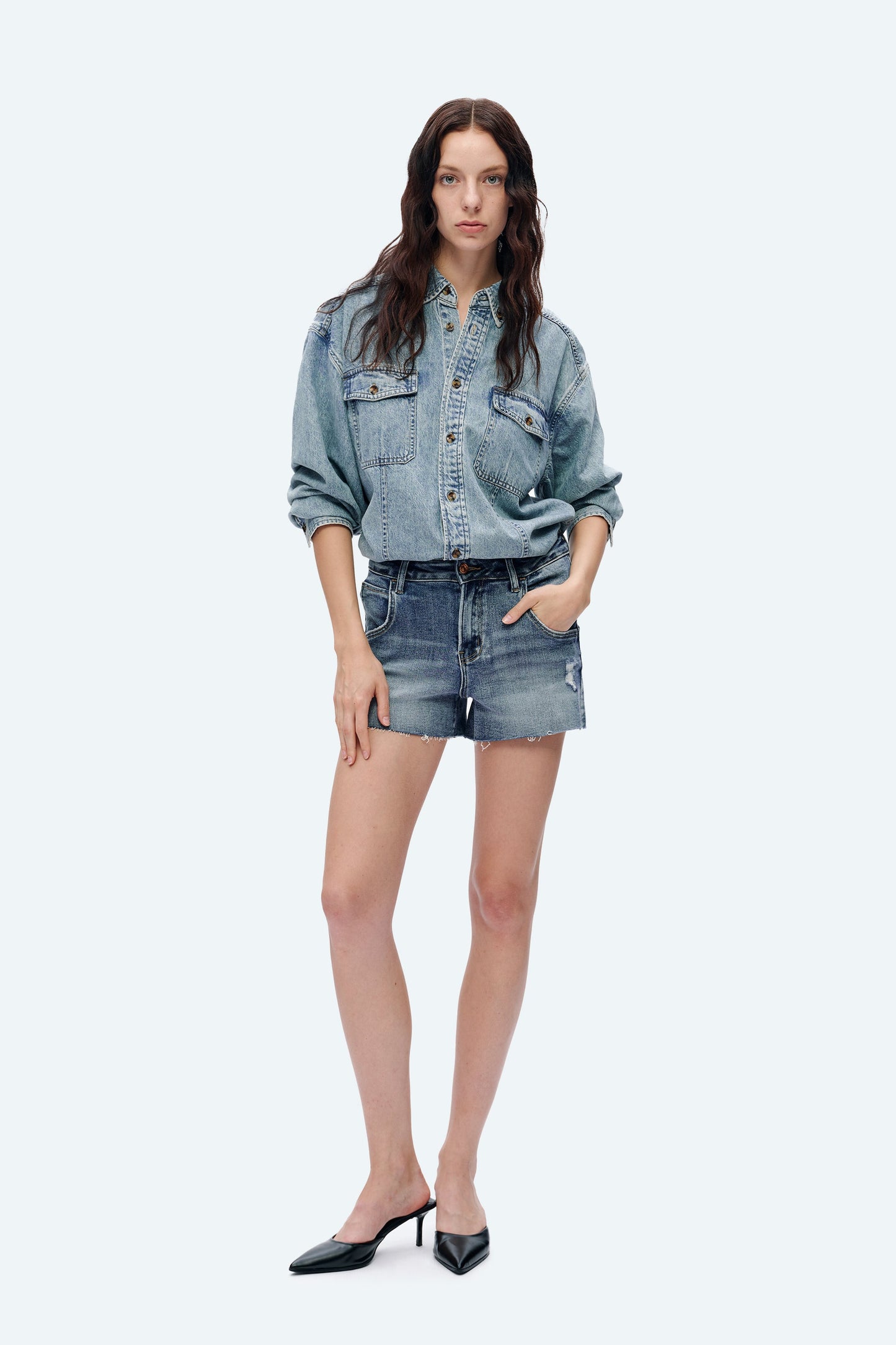 Mid Rise Grinded Stretch Denim Shorts