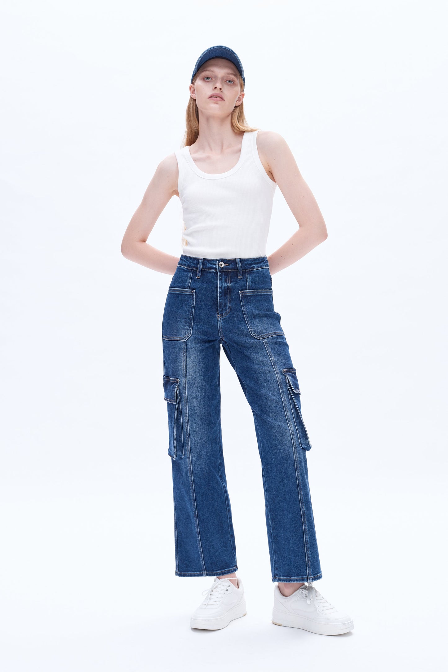 High Rise Cargo Overalls Straight Wide Leg Jeans