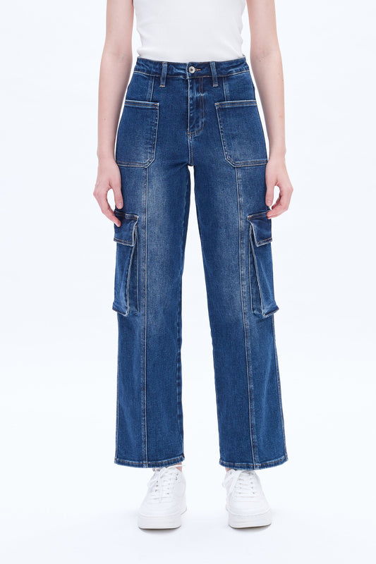 High Rise Cargo Overalls Straight Wide Leg Jeans