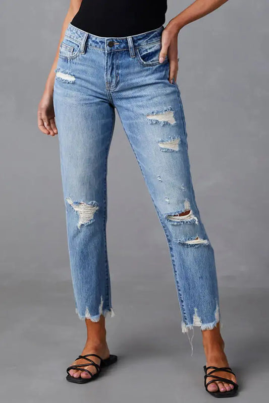 Wash Ripped Raw Hem Mid Rise Crop Jeans