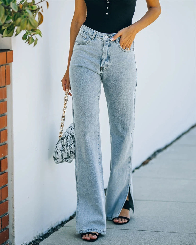 Mid-rise Jeans Split Casual Pants