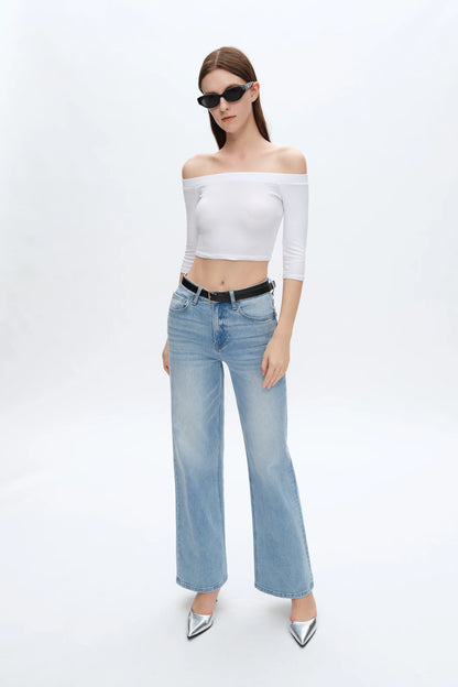 Stretchy High Waist Straight Jeans Swiss Blue