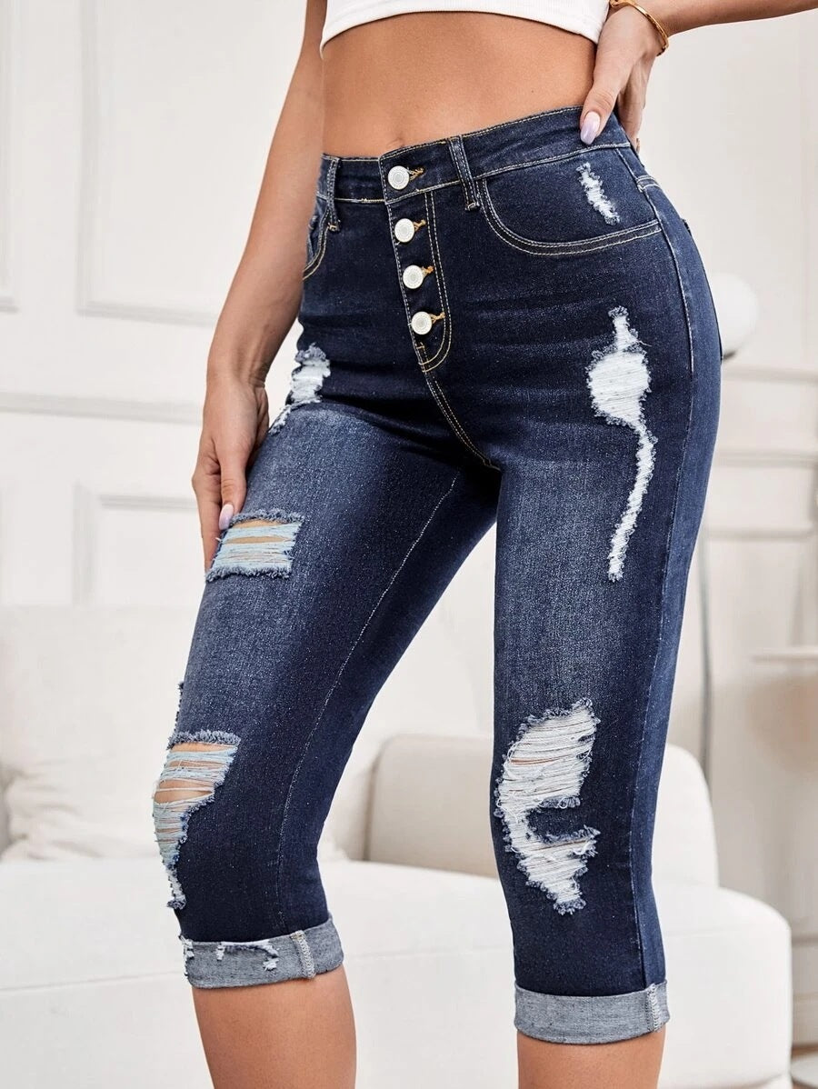 Mid-rise Cropped Distressed Stretch Jeans