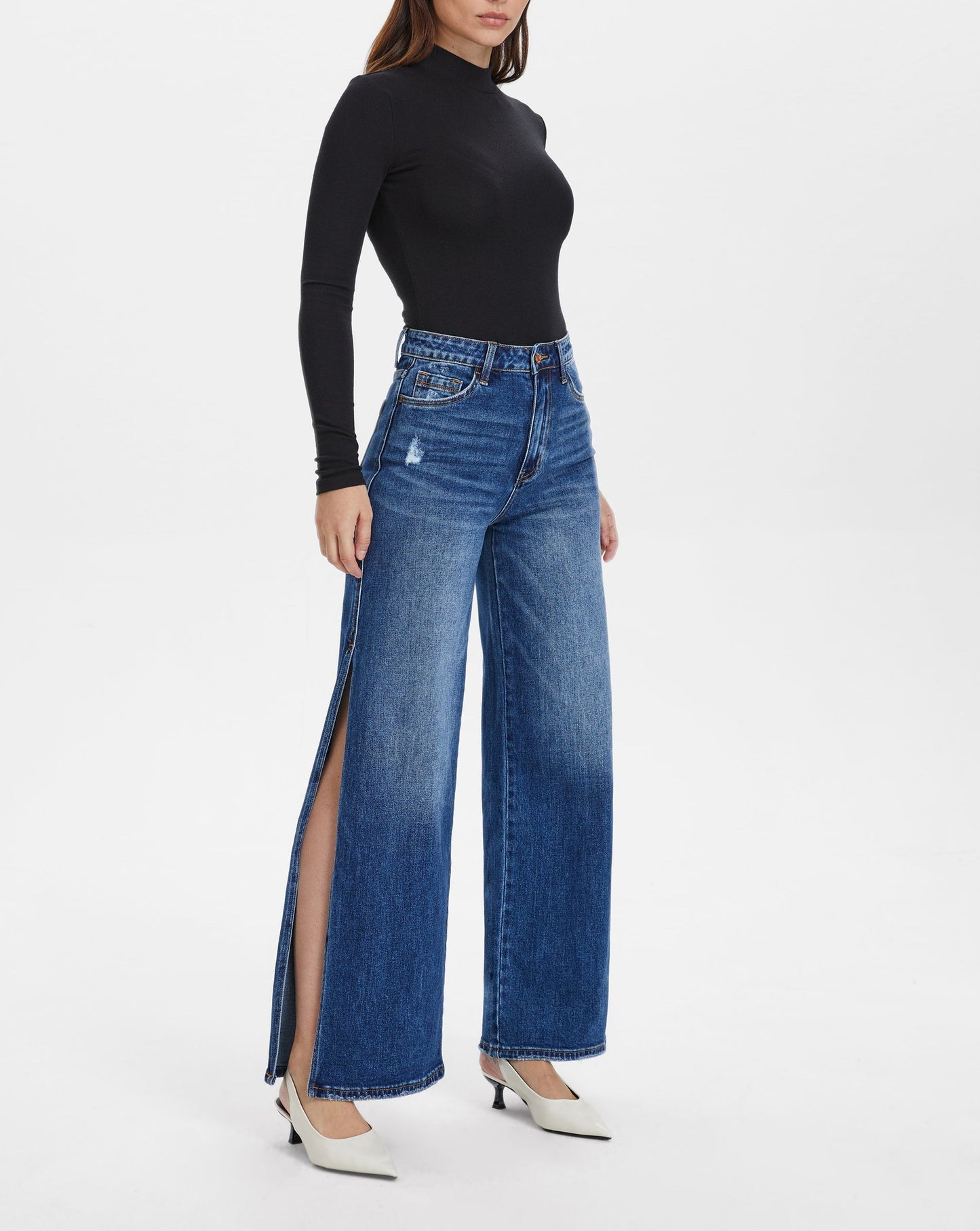 High Rise Wide Leg Jeans With Slit