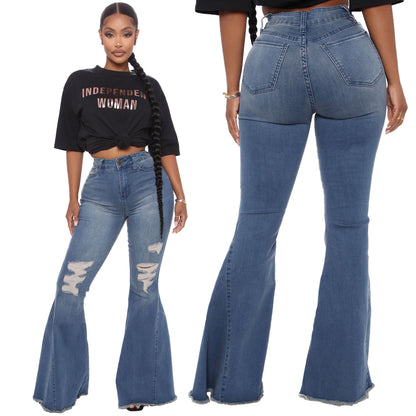 Versatile Wide Leg Knee Torn Denim Stretch Flare Jeans