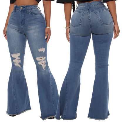 Versatile Wide Leg Knee Torn Denim Stretch Flare Jeans