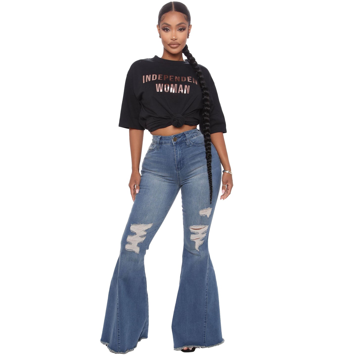 Versatile Wide Leg Knee Torn Denim Stretch Flare Jeans