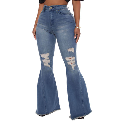 Versatile Wide Leg Knee Torn Denim Stretch Flare Jeans