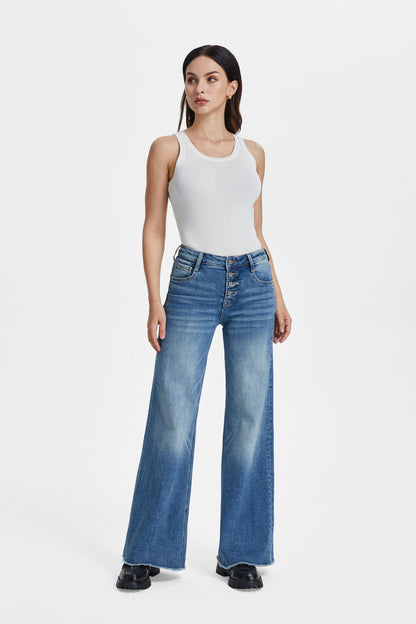 High Rise Wide Leg With Frayed Hem Flare Jeans