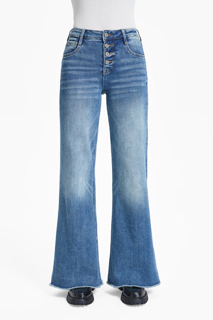 High Rise Wide Leg With Frayed Hem Flare Jeans