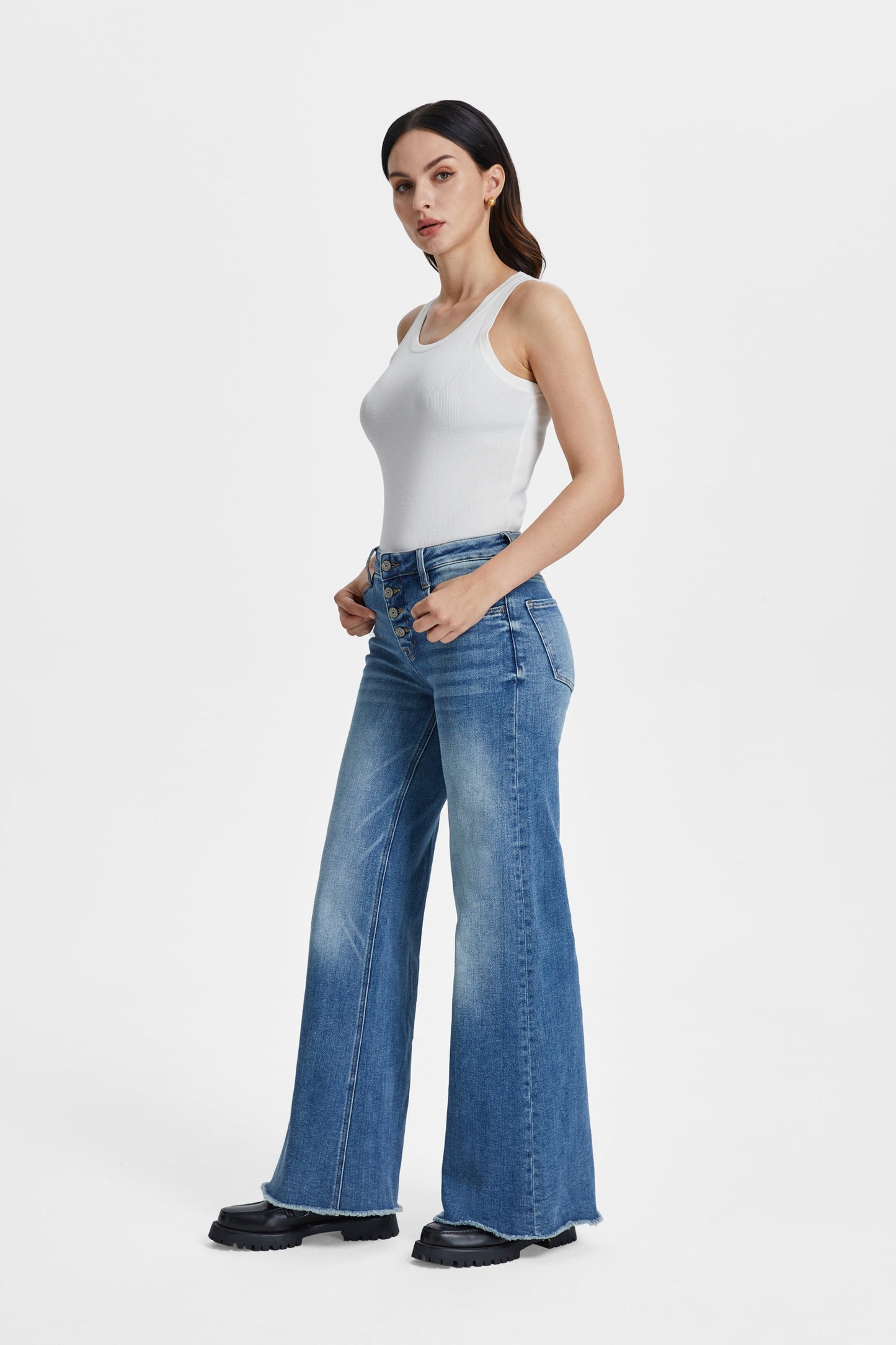 High Rise Wide Leg With Frayed Hem Flare Jeans