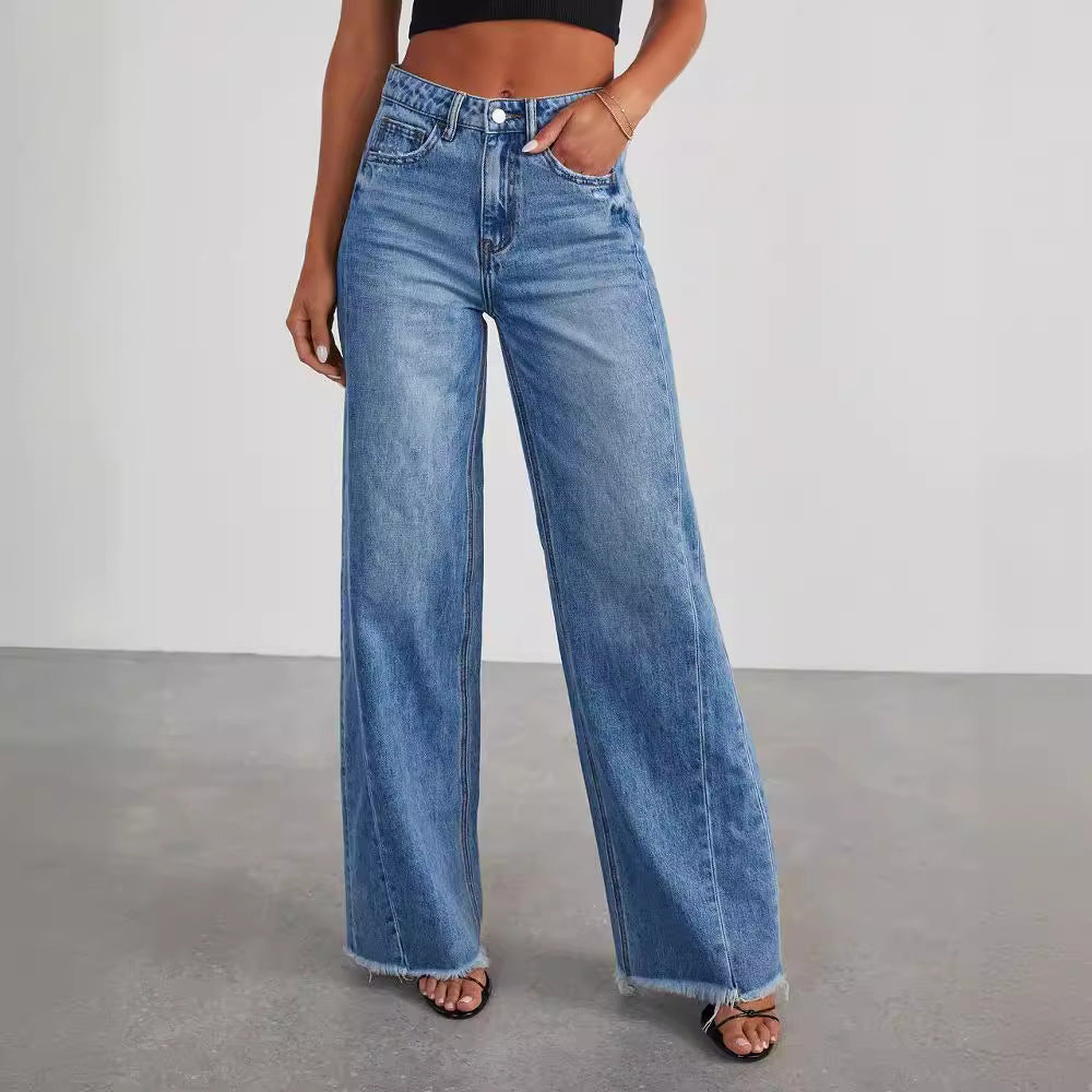 Women's Wide Leg Jeans High Waisted Strechy Raw Hem Denim Pants