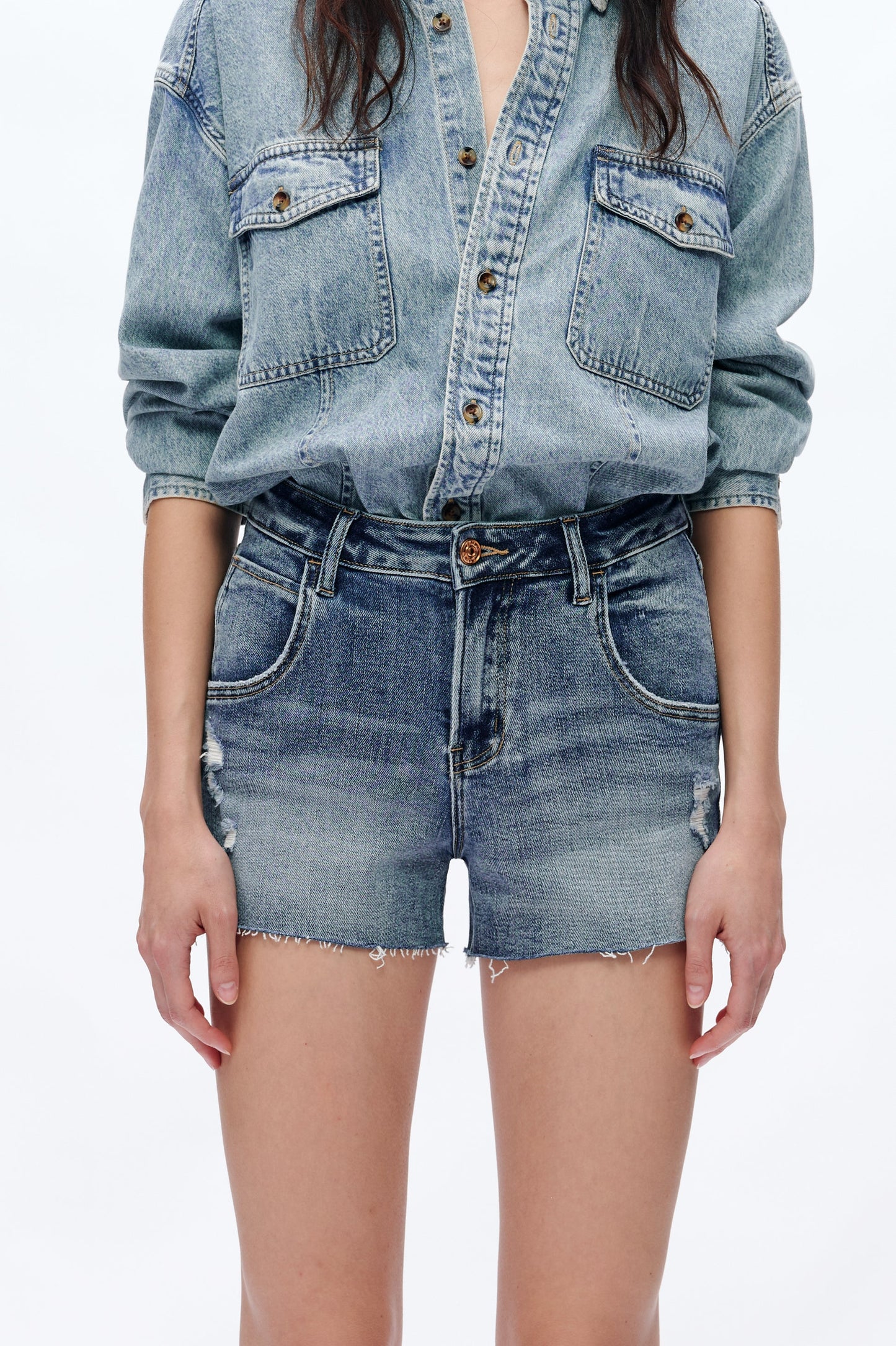 Mid Rise Grinded Stretch Denim Shorts