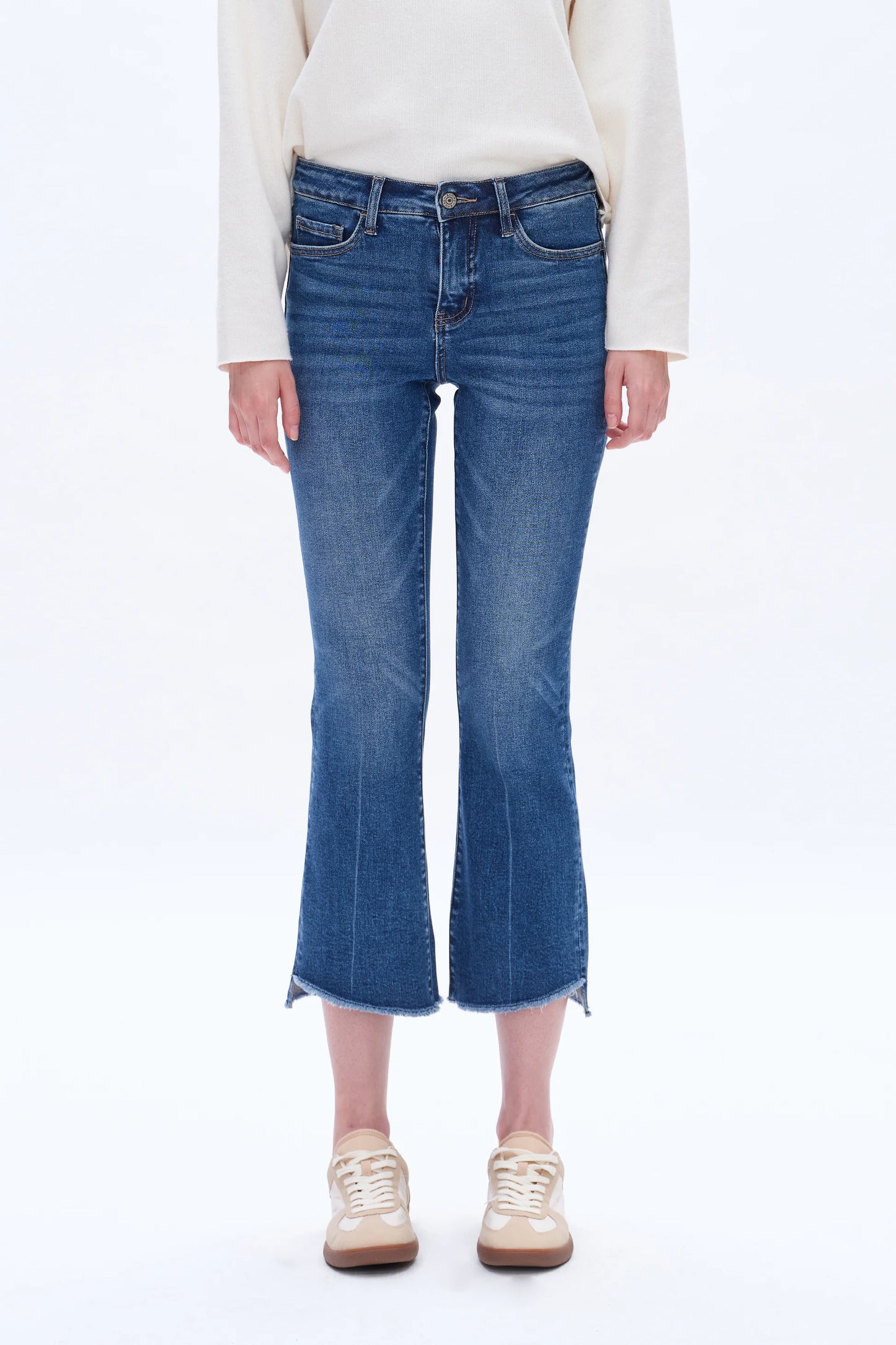 High Rise Straight Ankle Jeans With Raw Edge