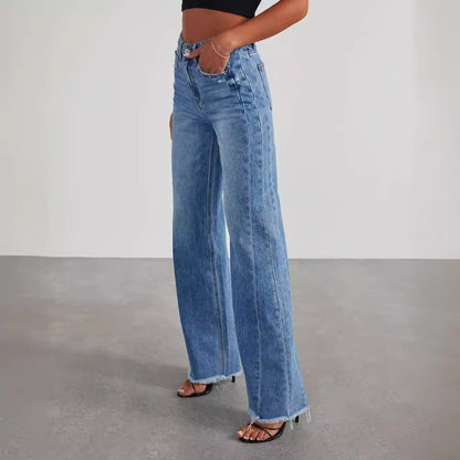 Women's Wide Leg Jeans High Waisted Strechy Raw Hem Denim Pants