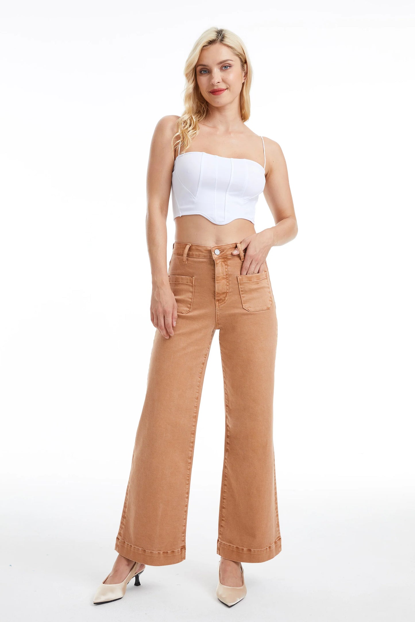 High Rise Wide Leg Jeans With Patch Pocket