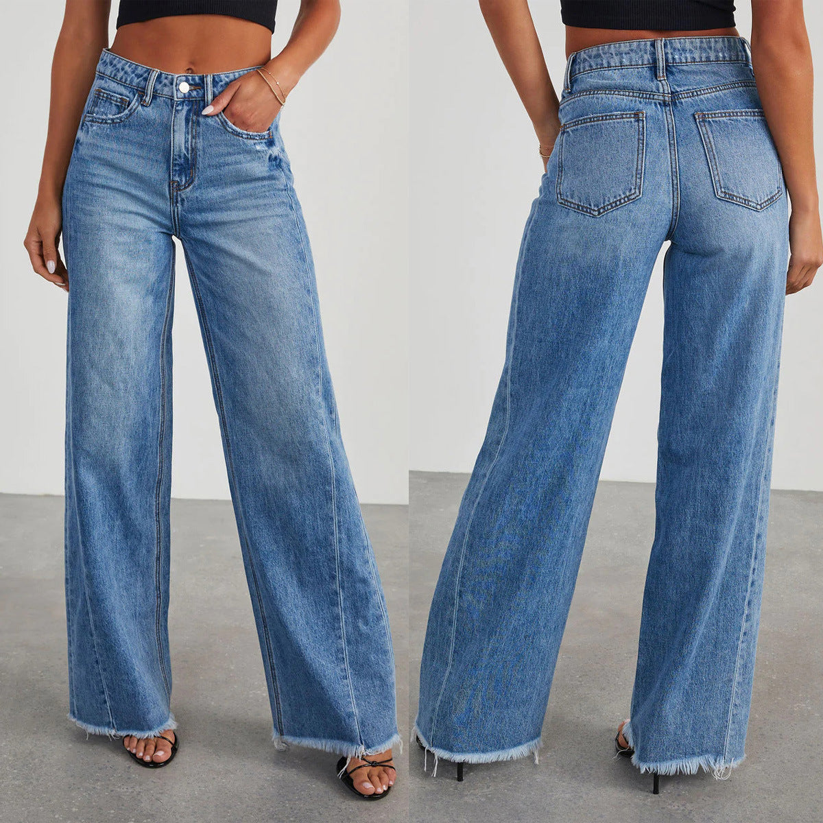 Women's Wide Leg Jeans High Waisted Strechy Raw Hem Denim Pants