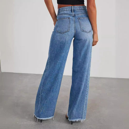 Women's Wide Leg Jeans High Waisted Strechy Raw Hem Denim Pants