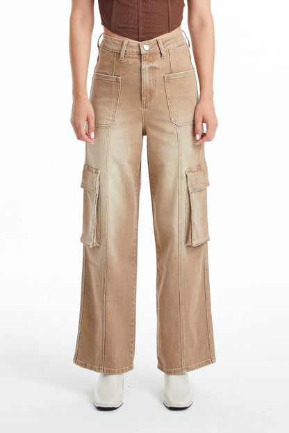 High Rise Cargo Straight Wide Leg Jeans