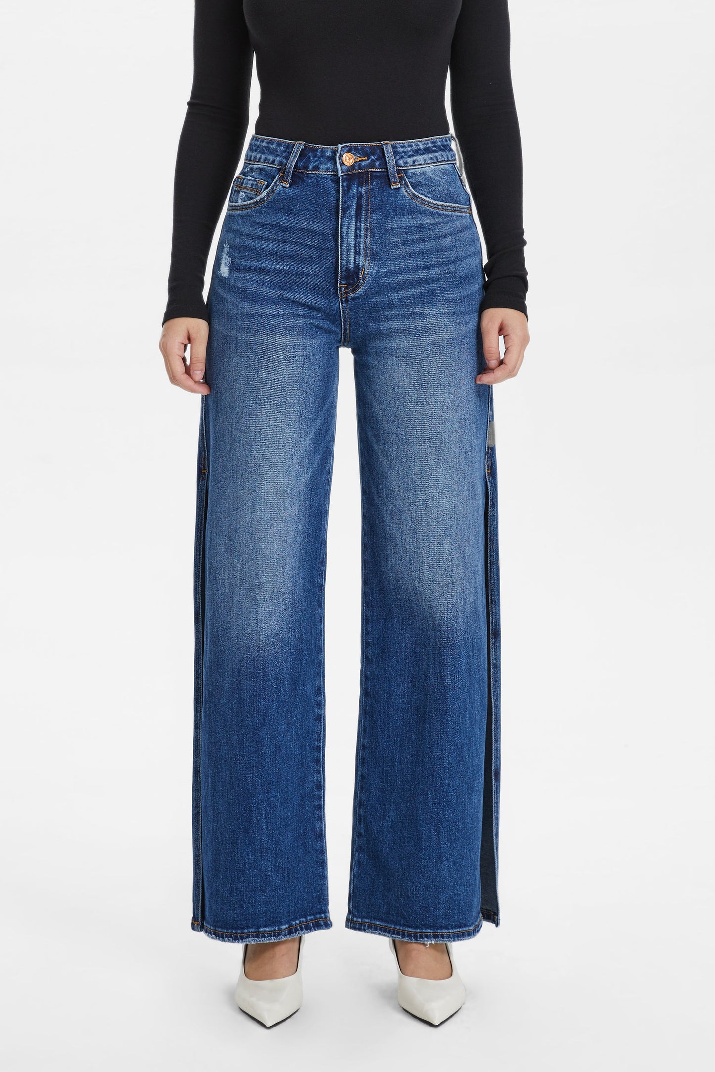 High Rise Wide Leg Jeans With Slit