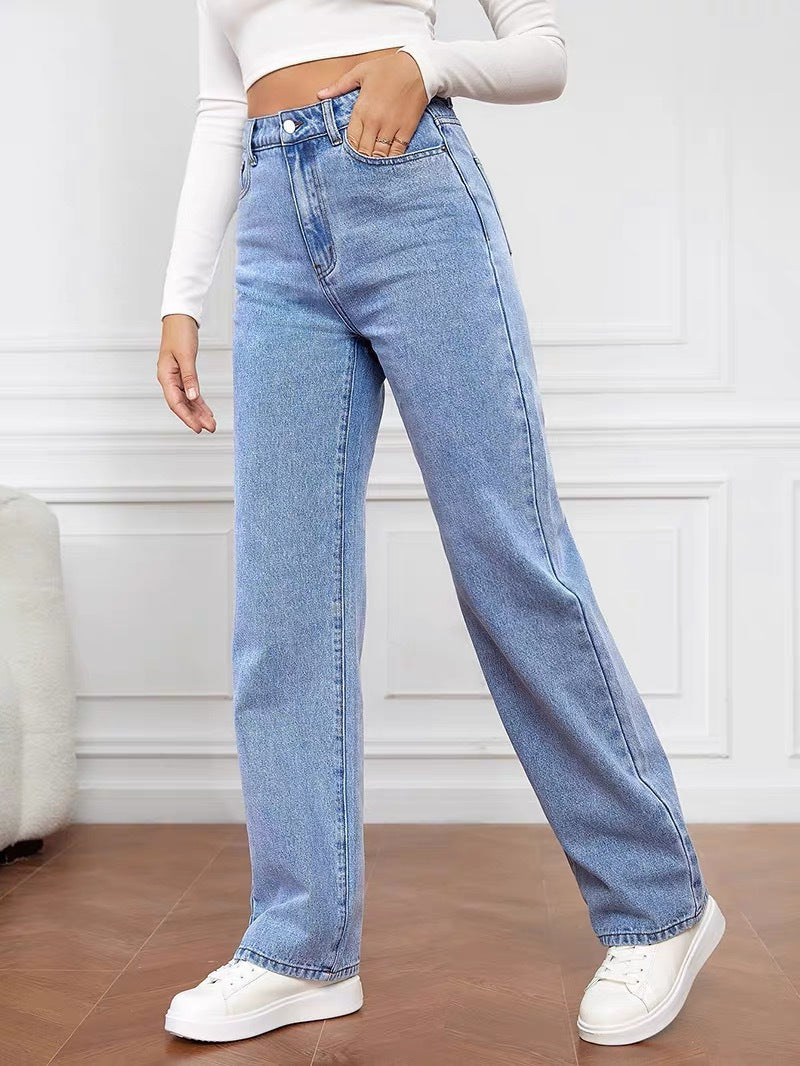 High Waisted Washed Wide Leg Straight Jeans