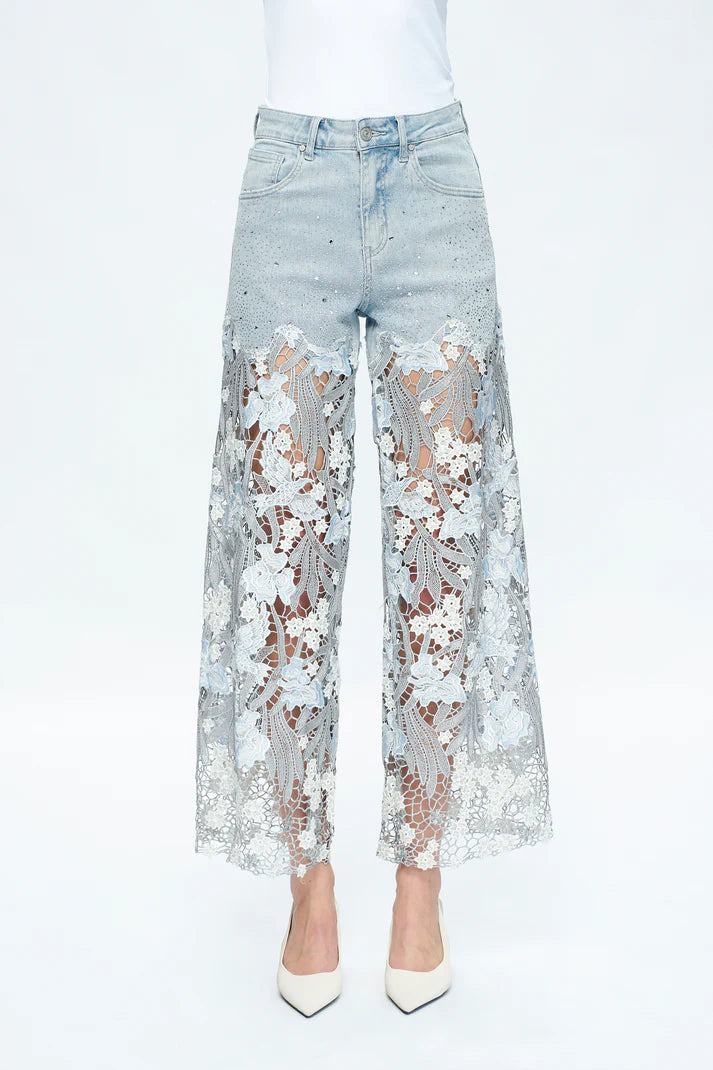 White Studded Heeled Lace Trousers