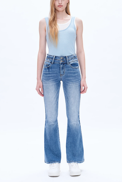 High Rise Flare Jeans With Clean Hem