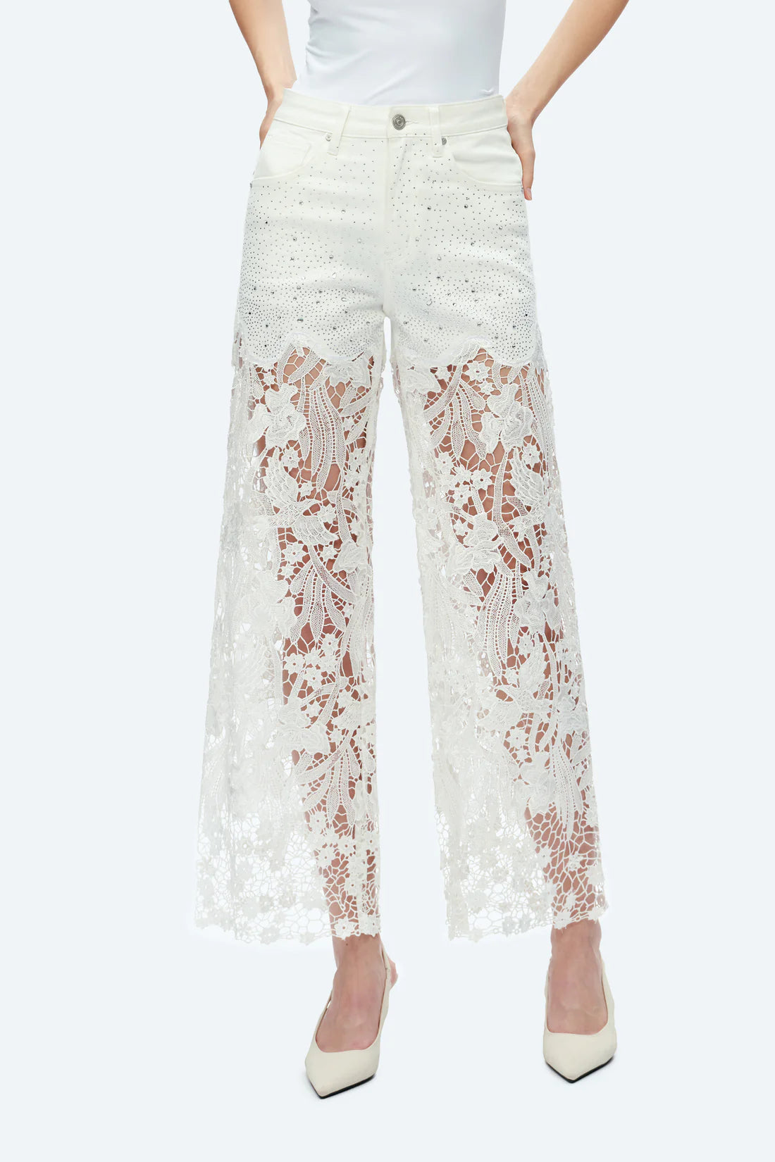 White Studded Heeled Lace Trousers