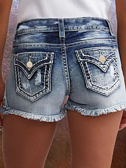 Denim Embroidered Ripped Shorts