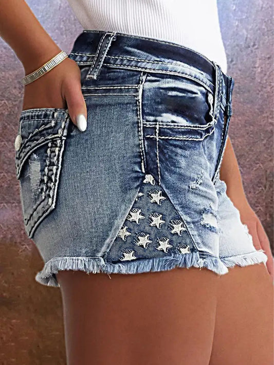 Denim Embroidered Ripped Shorts