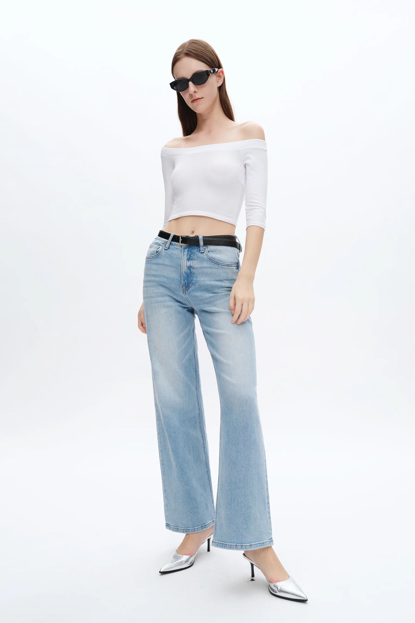 Stretchy High Waist Straight Jeans Swiss Blue