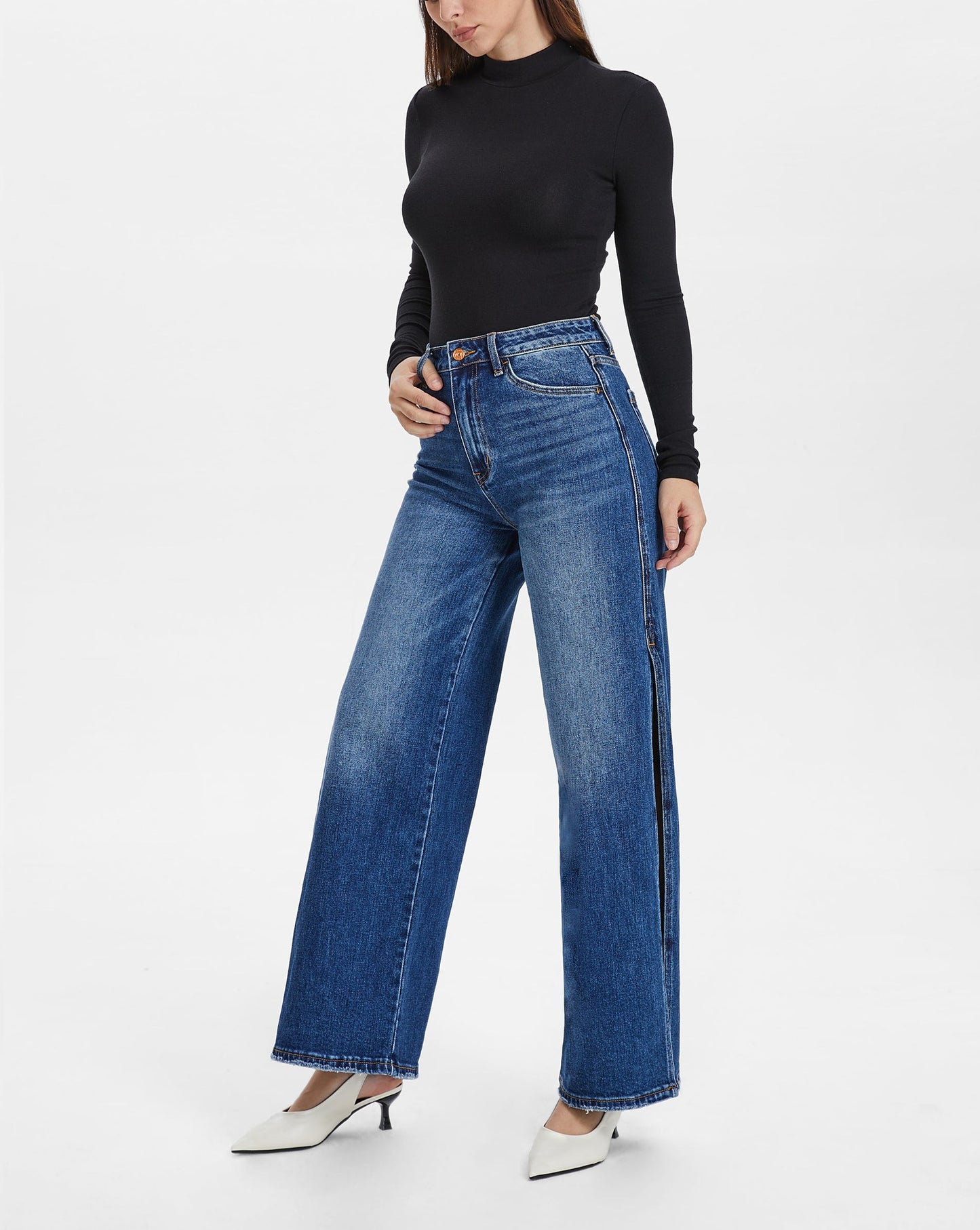 High Rise Wide Leg Jeans With Slit