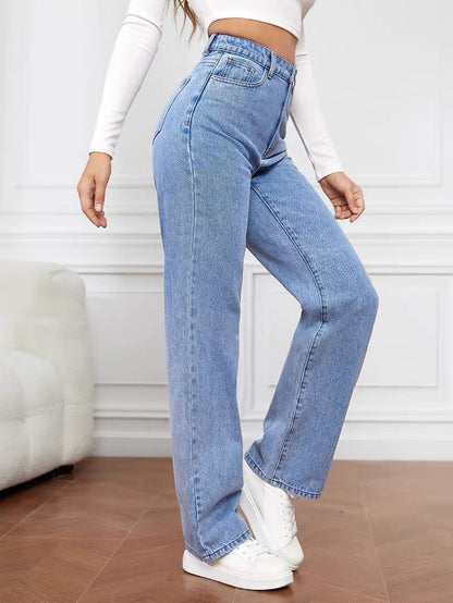 High Waisted Washed Wide Leg Straight Jeans