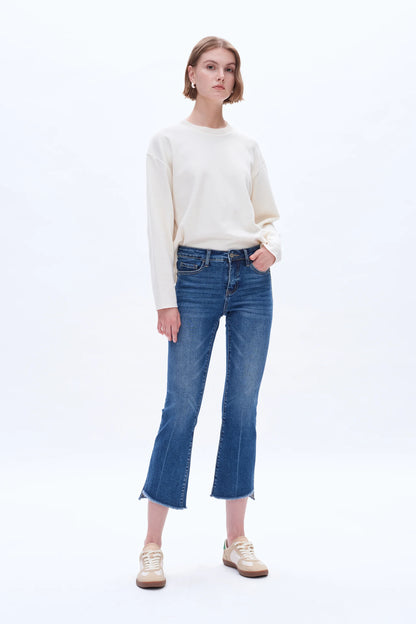 High Rise Straight Ankle Jeans With Raw Edge