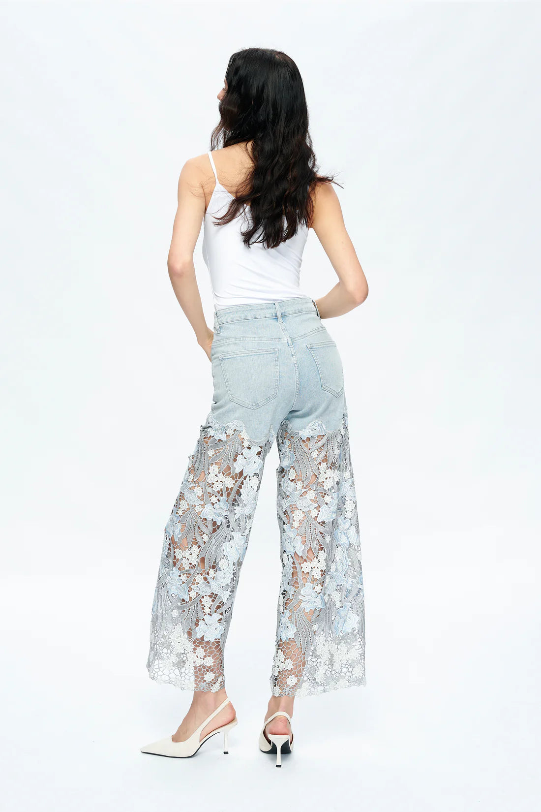 White Studded Heeled Lace Trousers