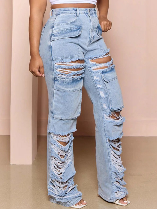 Multi-pocket ripped pants wide leg washed jeans