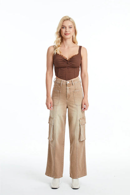 High Rise Cargo Straight Wide Leg Jeans