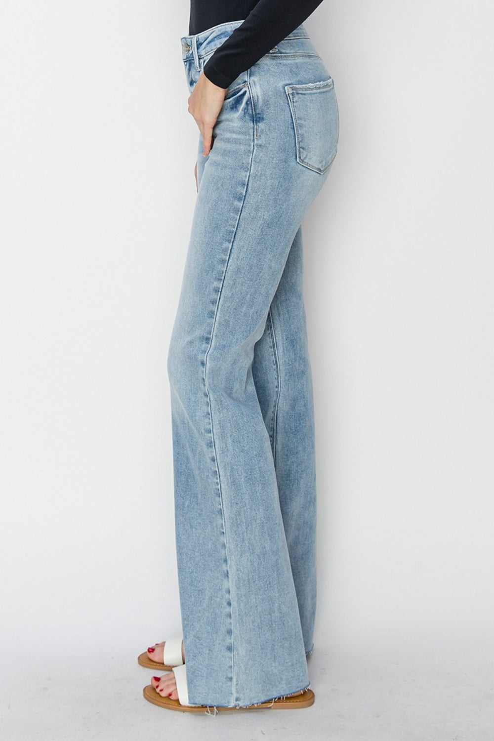 Full Size High Rise Raw Cut Hem Bootcut Jeans